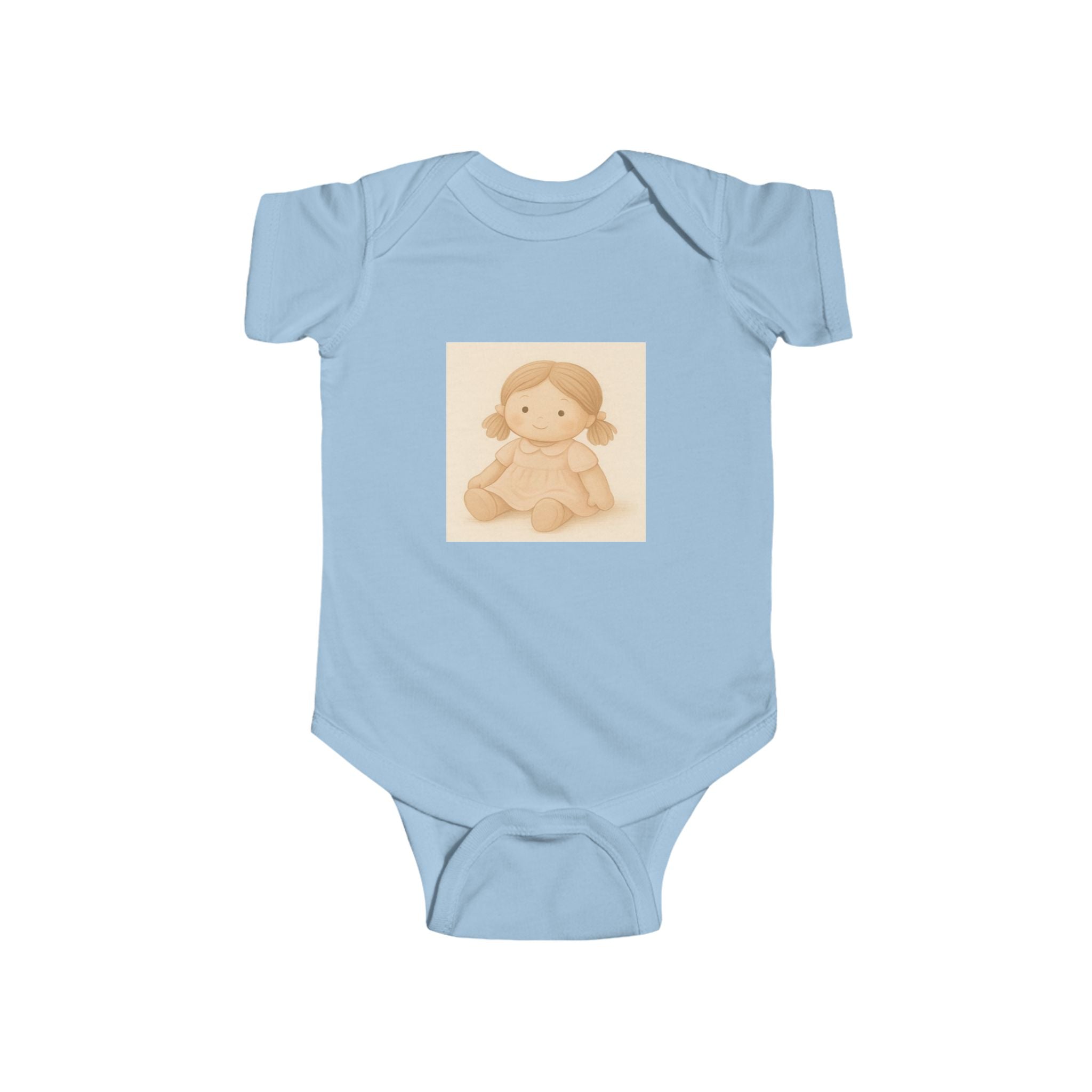 Baby Bodysuit with Cute Beige Doll Illustration — Newborn Onesie, Neutral Baby Shower Gift