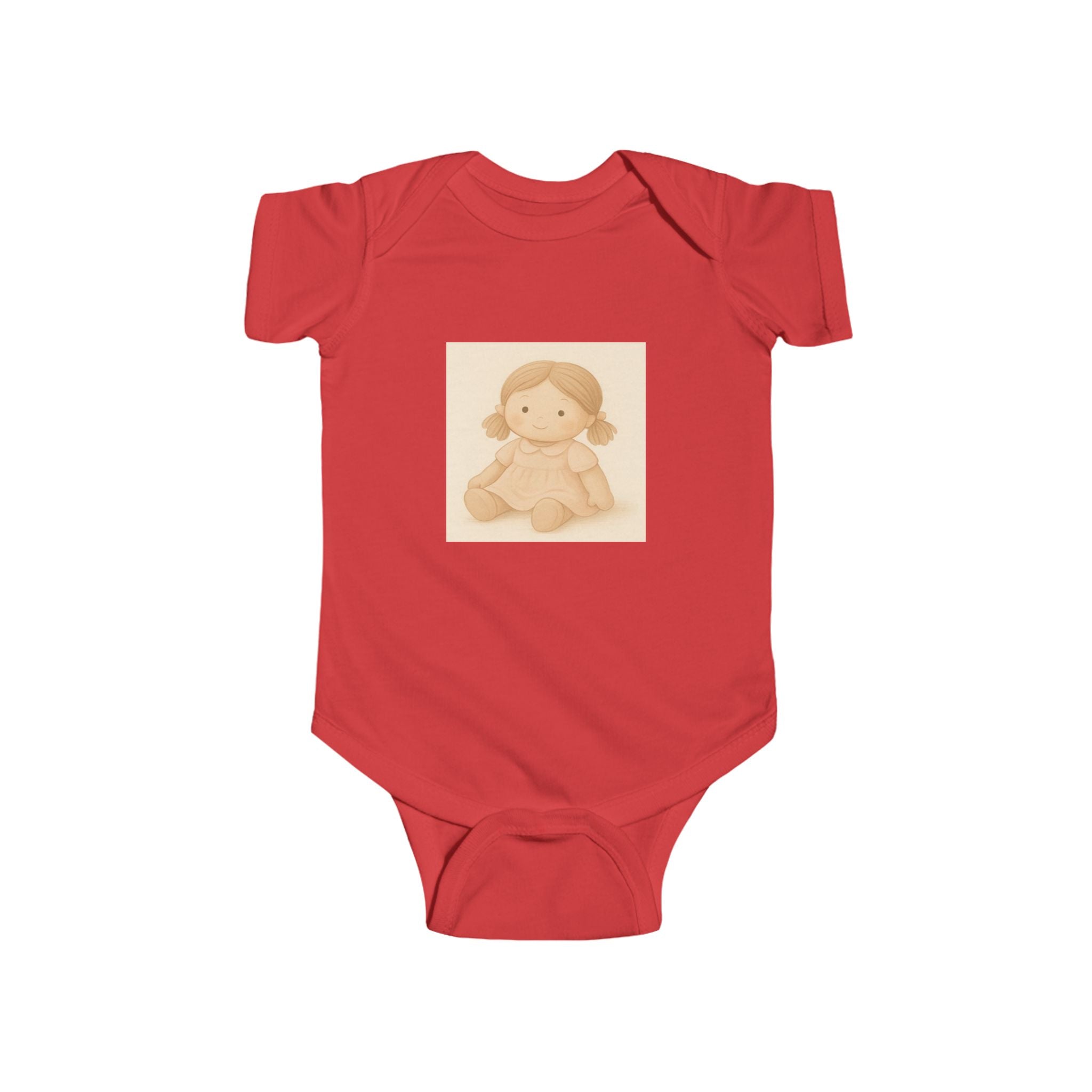 Baby Bodysuit with Cute Beige Doll Illustration — Newborn Onesie, Neutral Baby Shower Gift