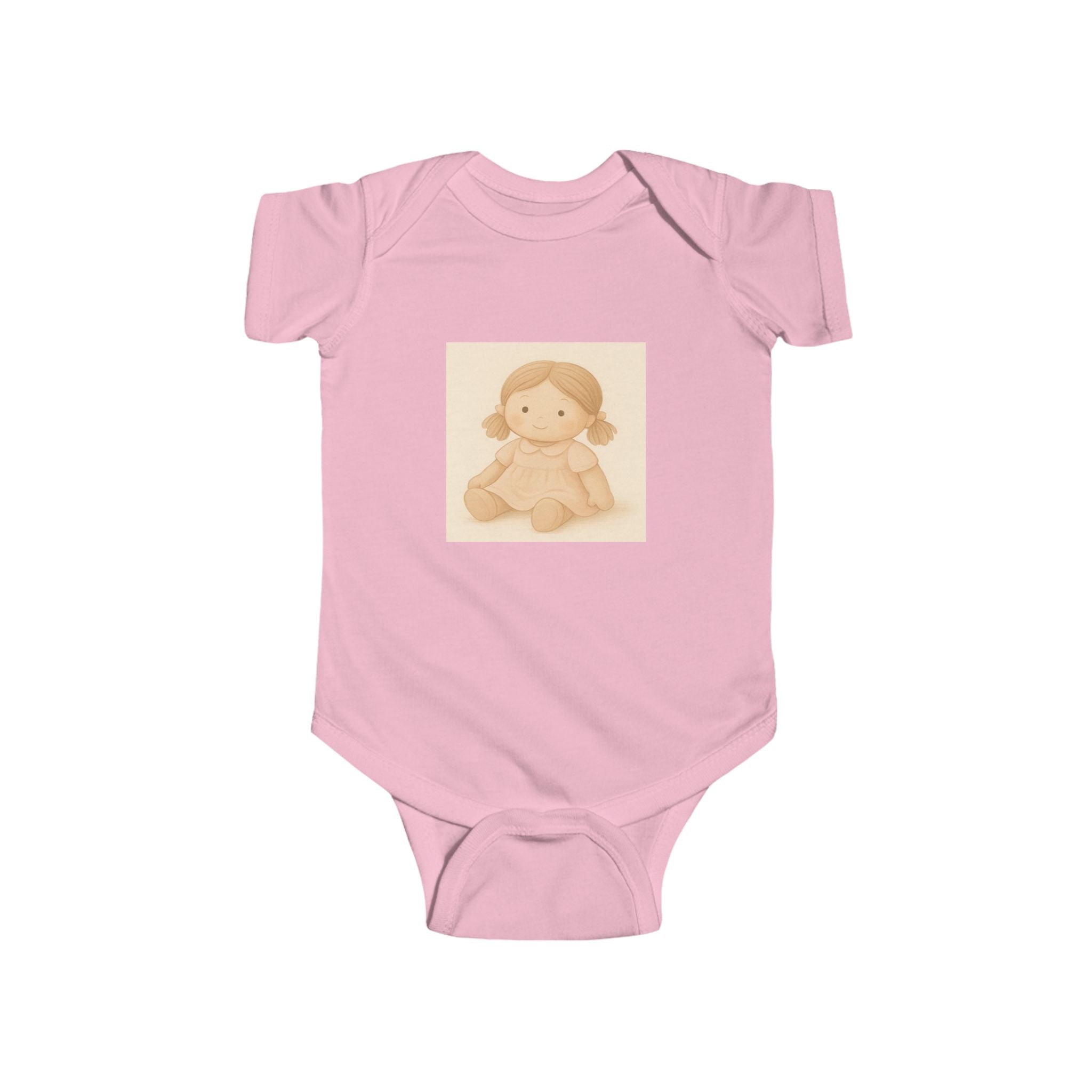 Baby Bodysuit with Cute Beige Doll Illustration — Newborn Onesie, Neutral Baby Shower Gift