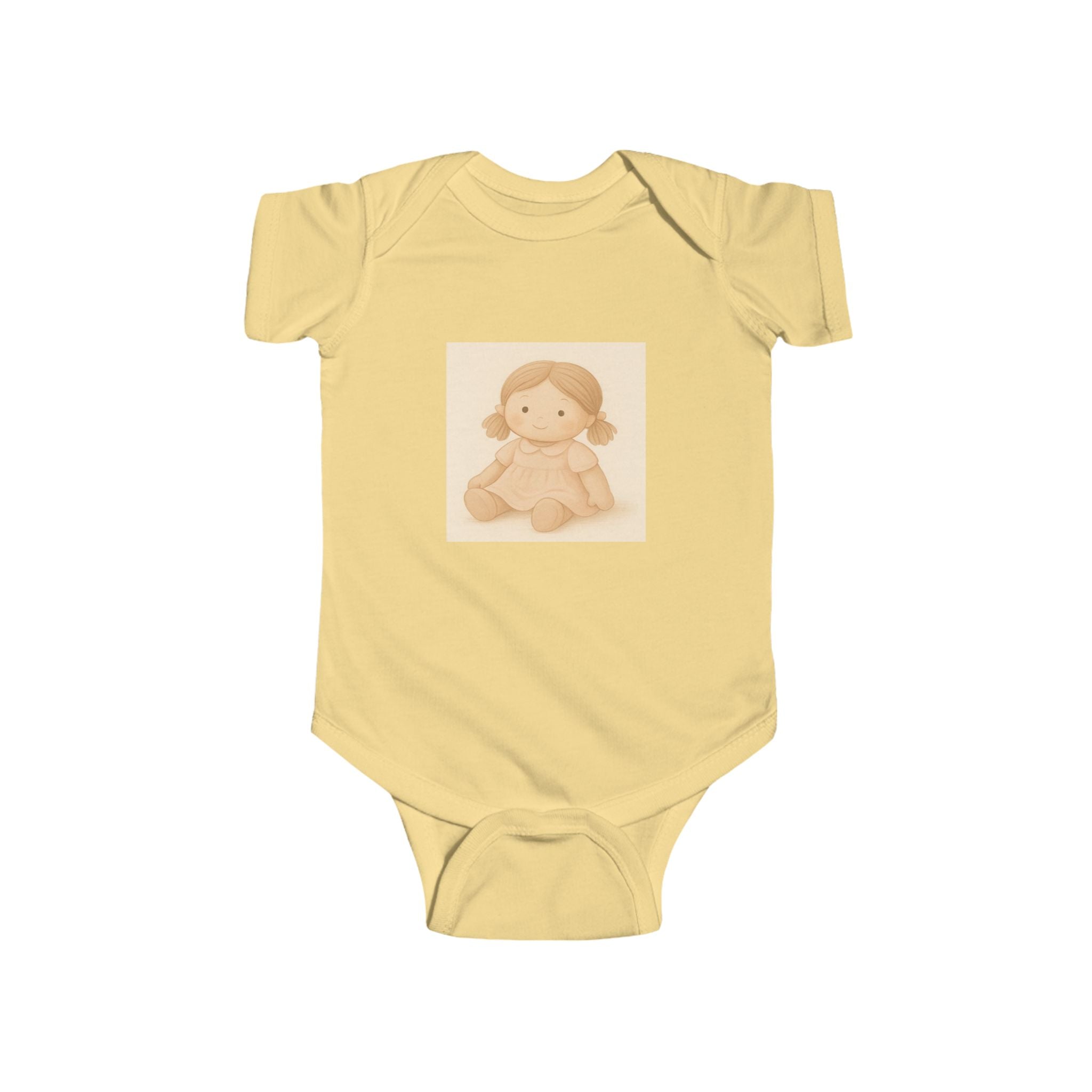 Baby Bodysuit with Cute Beige Doll Illustration — Newborn Onesie, Neutral Baby Shower Gift