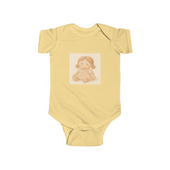 Baby Bodysuit with Cute Beige Doll Illustration — Newborn Onesie, Neutral Baby Shower Gift