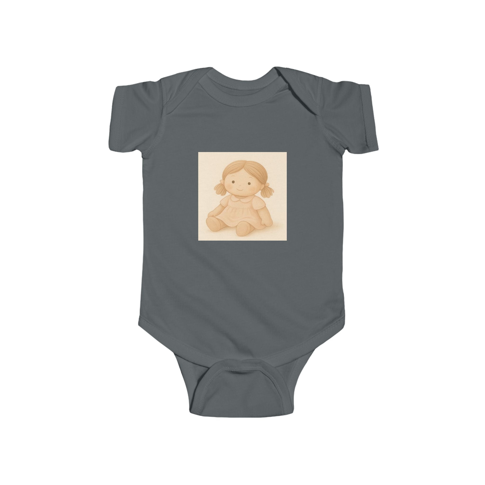 Baby Bodysuit with Cute Beige Doll Illustration — Newborn Onesie, Neutral Baby Shower Gift
