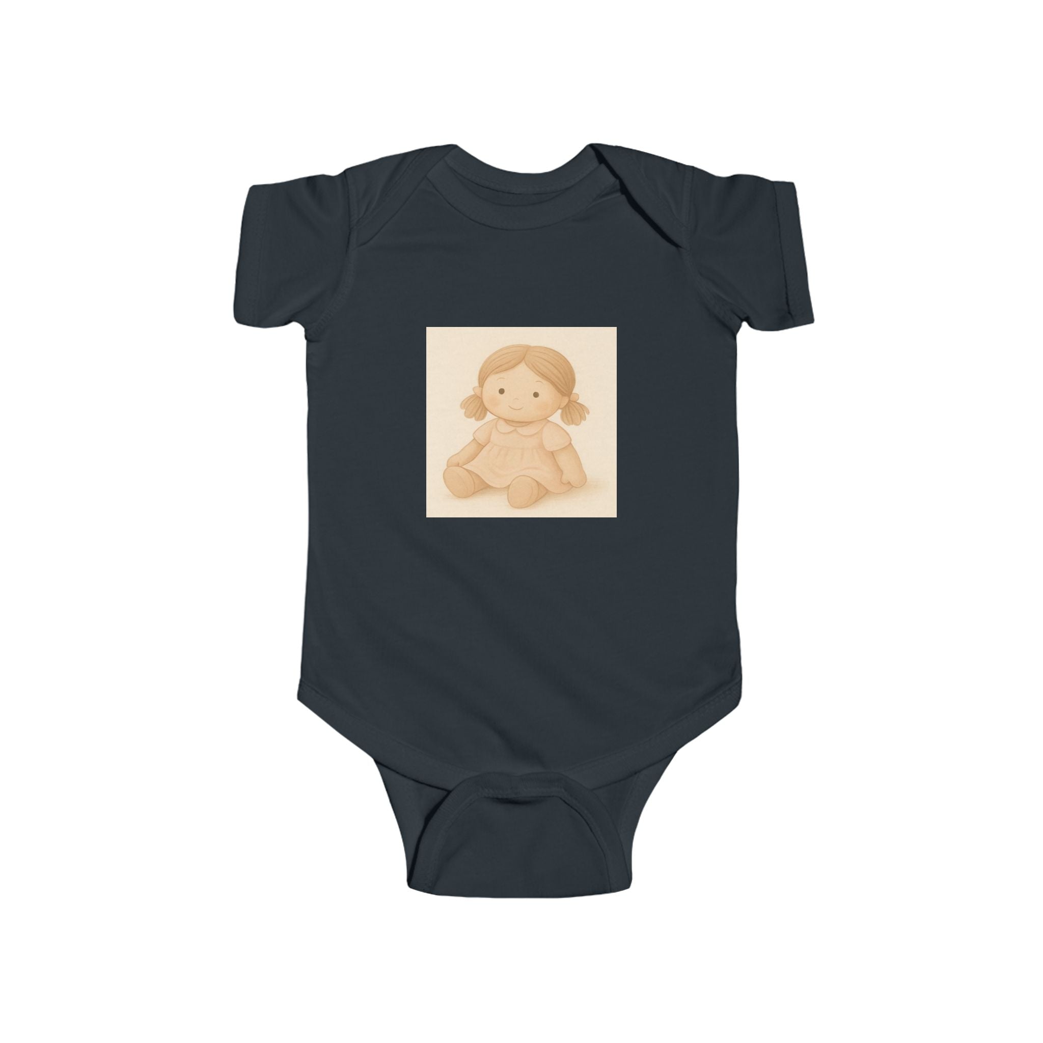 Baby Bodysuit with Cute Beige Doll Illustration — Newborn Onesie, Neutral Baby Shower Gift