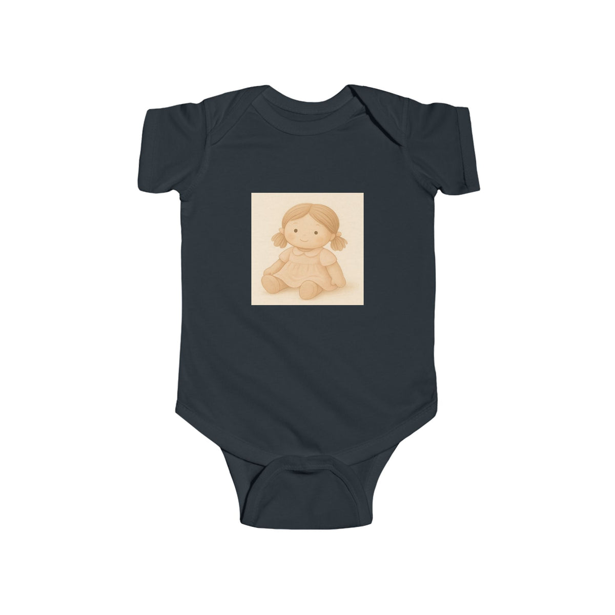 Baby Bodysuit with Cute Beige Doll Illustration — Newborn Onesie, Neutral Baby Shower Gift
