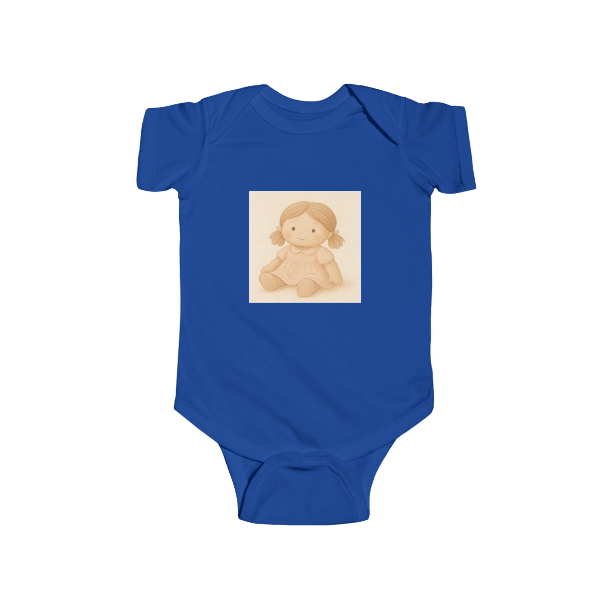 Baby Bodysuit with Cute Beige Doll Illustration — Newborn Onesie, Neutral Baby Shower Gift