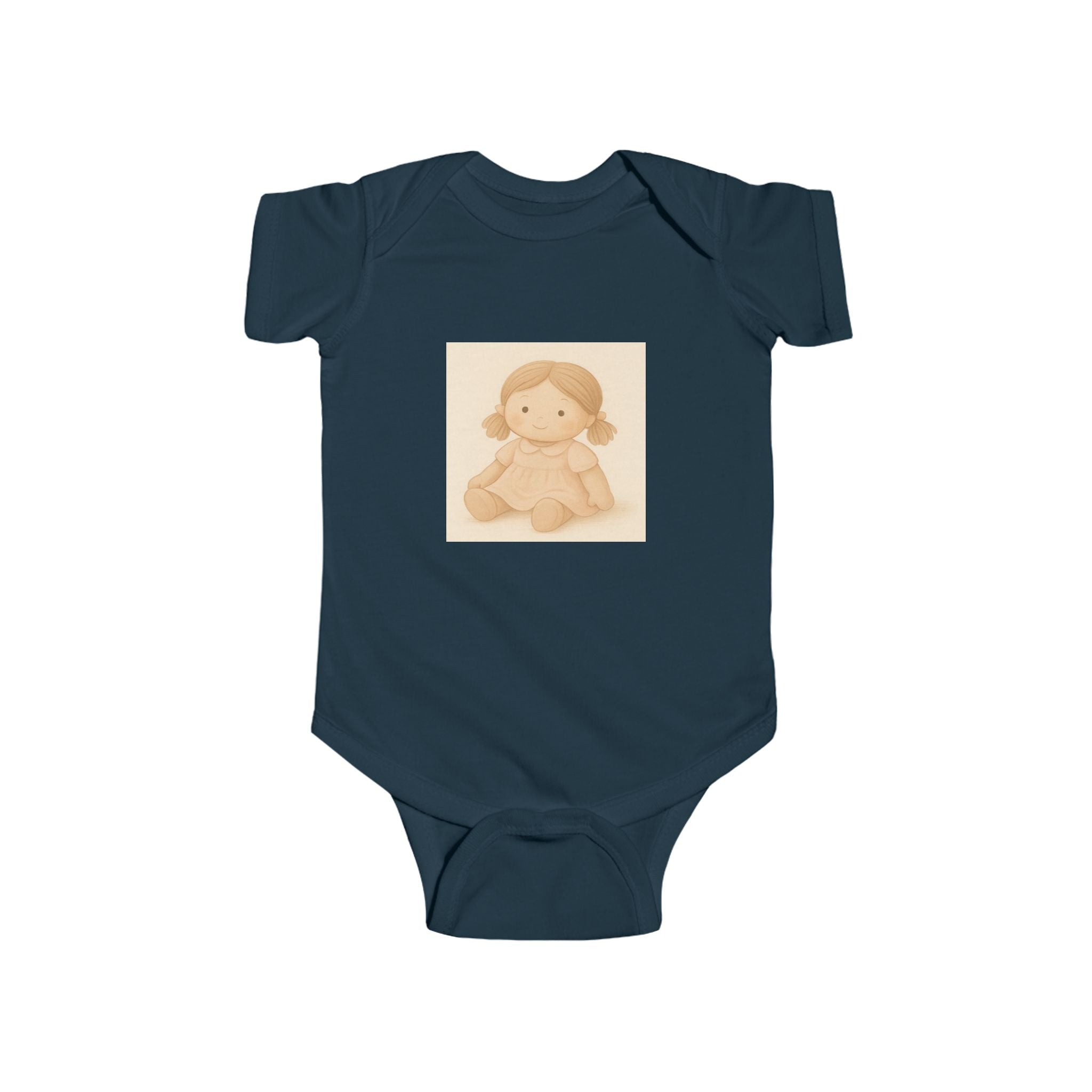 Baby Bodysuit with Cute Beige Doll Illustration — Newborn Onesie, Neutral Baby Shower Gift