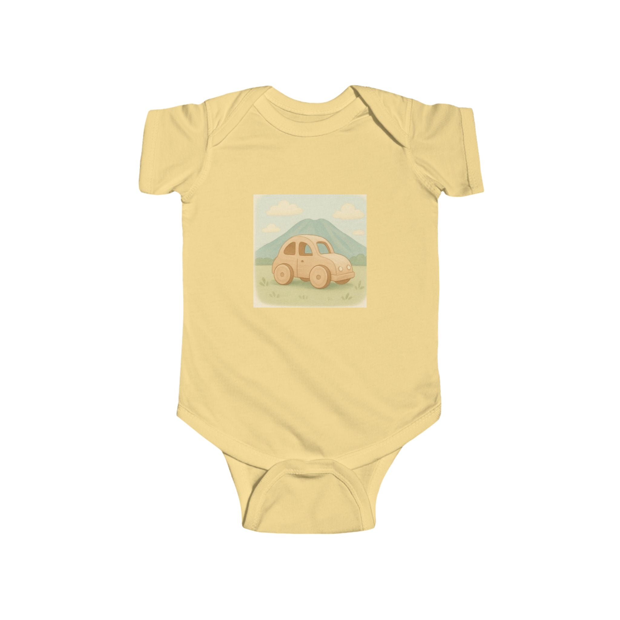 Vintage Yellow Car Baby Bodysuit — Retro Mountain Road Infant Onesie