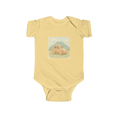 Vintage Yellow Car Baby Bodysuit — Retro Mountain Road Infant Onesie