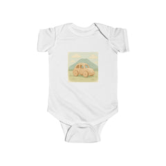 Vintage Yellow Car Baby Bodysuit — Retro Mountain Road Infant Onesie