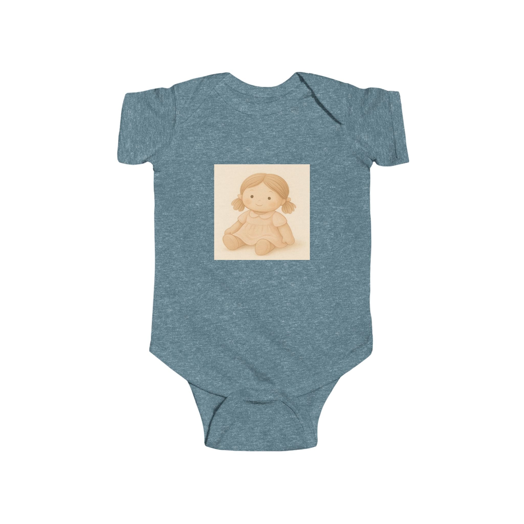Baby Bodysuit with Cute Beige Doll Illustration — Newborn Onesie, Neutral Baby Shower Gift