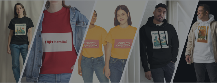 People wearing various t-shirts and hoodies with different designs and text.